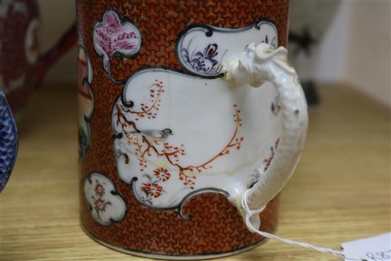 Two Chinese export mugs, a famille rose teapot and a vase and cover tallest 21cm
